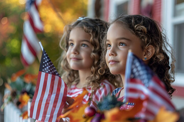 Two girls proudly holding American flags on a festive porch
