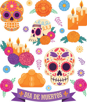 recursos d&iacute;a de muertos M&eacute;xico como calaveritas, flor cempas&uacute;chil, velas y pan de muerto