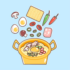 Cooking instant ramen in a golden pot. Vector illustration of ingredients for Asian noodles recipe. Chili, ham, scallions, eggs and mushrooms added to ramen. Colorful flat style.