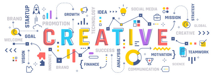 Vector illustration of creative word typography with line icon, word cloud on white color background. Business infographic concept. Line art style creative design