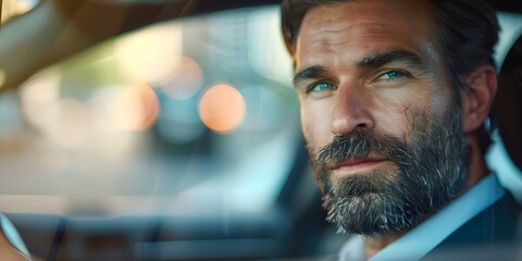 Sales rep alone driving car isolated from others confined to vehicle. Concept Sales Rep, Car Isolation, Social Distancing, Work Safety, Self-Contained Work Environment