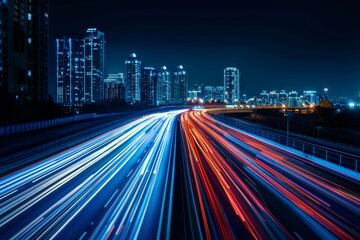 Fototapeta premium Vibrant cityscape with light trails on urban highway at night