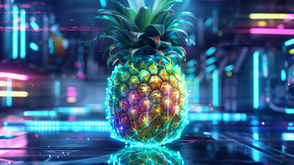 A neon-lit pineapple with vibrant holographic effects, blending tropical beauty with futuristic digital design in a dynamic cyberpunk setting.
