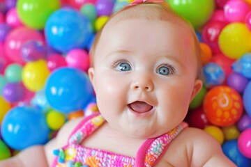 Obraz premium Joyful baby girl playing with colorful balls