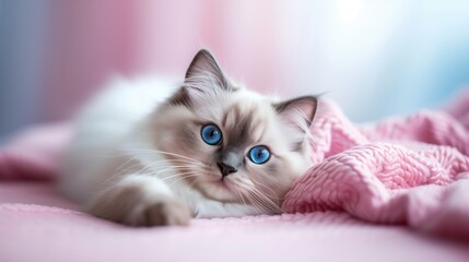 Obraz premium Adorable Blue Eyed Cat Laying on Pink Blanket with Soft Focus Background.