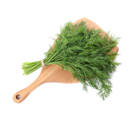 Board with fresh green dill isolated on white, top view