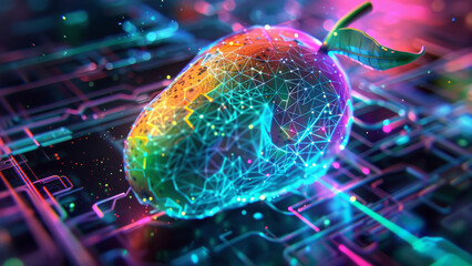 A neon-glowing mango with prism-like holographic effects, blending natural beauty with futuristic digital elements in a vibrant cyberpunk setting.

