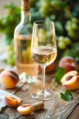 A glass of white wine next to some peaches.