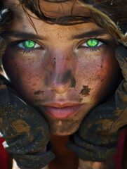 Intense Portrait of Young Woman with Striking Green Eyes and Dirty Face