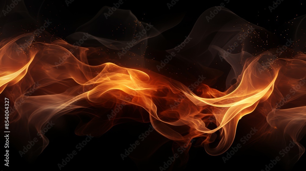 Poster fire flames on black background, fading into wisps of smoke that curl and twirl, leaving behind a tr