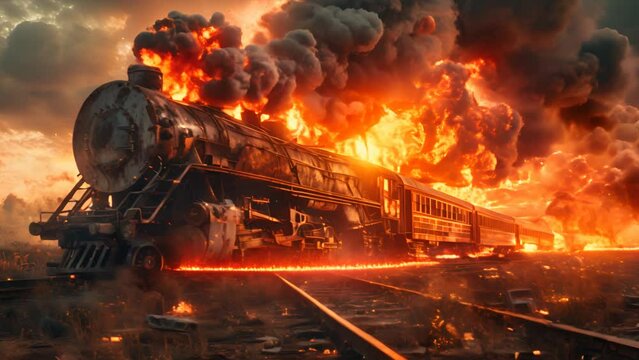 a huge freight train wreck with fire.generative ai