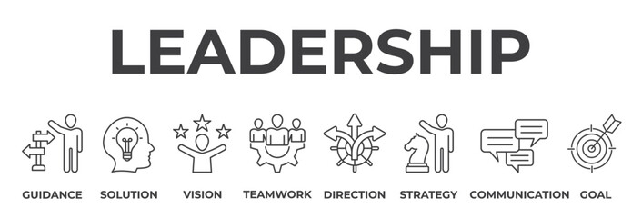 Banner Leadership concept, guidance, solution, vision, teamwork, direction, strategy, communication, goal, vector illustration with icons