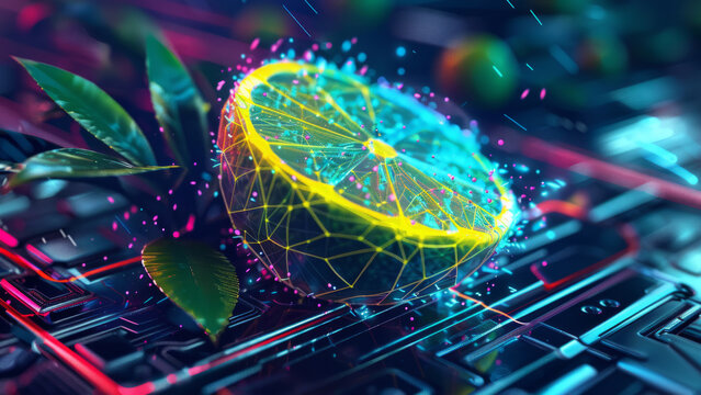 A neon-glowing lemon slice with vibrant holographic accents, blending natural beauty with futuristic digital elements in a dynamic cyberpunk environment.
