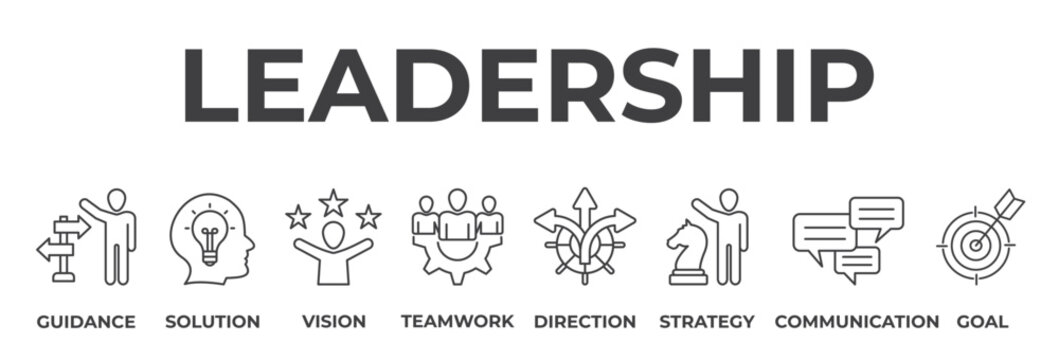 Banner Leadership concept, guidance, solution, vision, teamwork, direction, strategy, communication, goal, vector illustration with icons