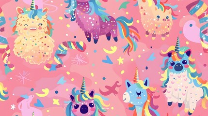 Whimsical Piata Pattern of Charming Smiling Sloths Llamas and Unicorns with Holographic Accents