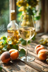 A glass of white wine and some peaches on a wooden table.
