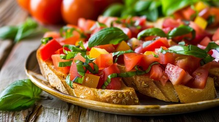 Vibrant Bruschetta Delight: Fresh Tomatoes and Basil on Colorful Plate