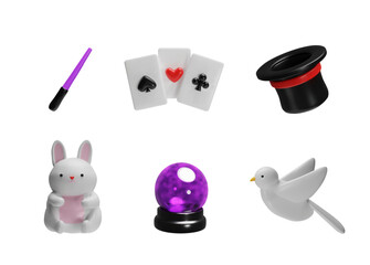 Fototapeta premium 3D magician's set: crystal ball, a top hat, a magic wand, a rabbit, a pigeon
