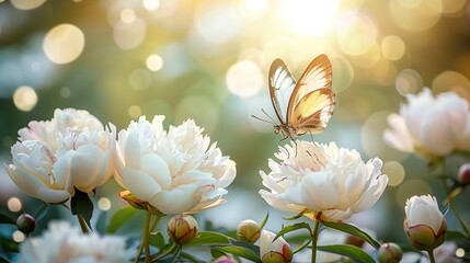 Field of white flowers in bloom with butterflies flying above them. The view is peaceful and serene with soft sunlight and dreamy bokeh