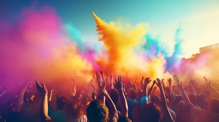 Holi color powder explosion bright colorful rainbow with people dancing and celebrating.
