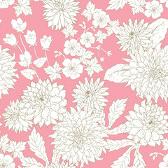 White dahlia, bell flowers with leaves silhouettes, pink background. Floral illustration. Vector seamless pattern. Botanical design. Nature summer garden plants 