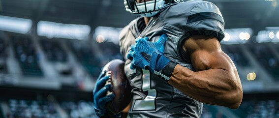 Close-up of a football player in action on the field, holding the ball with determination under stadium lights.