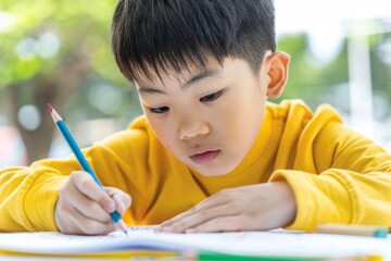Concentrated young Asian boy studying with pencil and paper