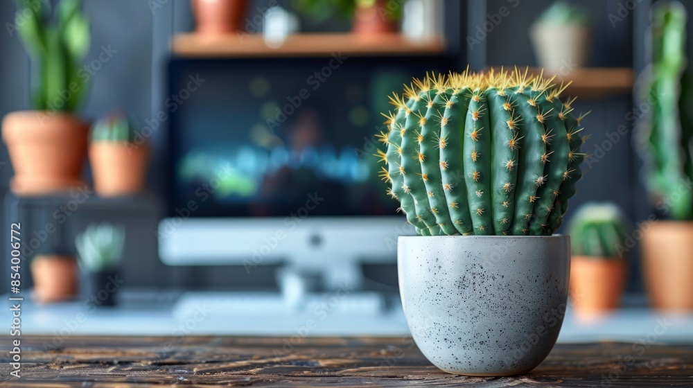 Poster A close-up of a single barrel cactus in a grey pot on a wooden table. Other plants and a computer are blurred in the background.