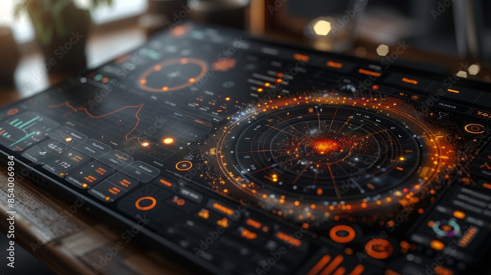 Fototapete A futuristic tablet with a glowing orange display featuring data visualizations and a stylized image of a galactic core.