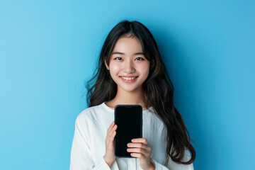 Fototapeta premium An Asian lady showing blank mockup phone screen to the camera.