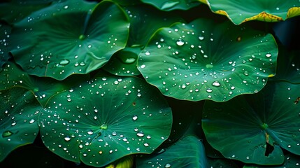 Obraz premium Lotus leaves with water droplets on them.