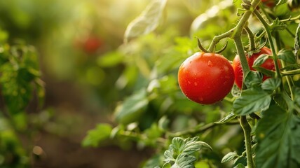 Fresh red tomatoes hanging on green vines in sunlight