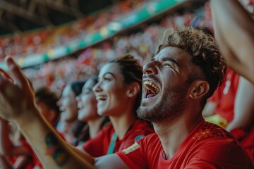 Obraz premium Excited sports fans cheering and applauding during soccer match at stadium