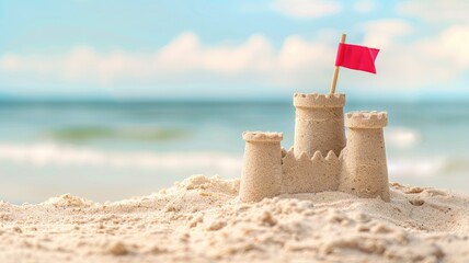 Sandcastle with red flag on beach near sea