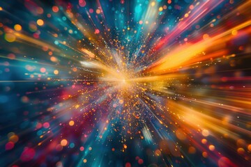 Fototapeta premium A dynamic image depicting a burst of colorful ideas and concepts emerging from a central point. The image uses a zoom burst effect to create a sense of movement and energy, symbolizing the rapid