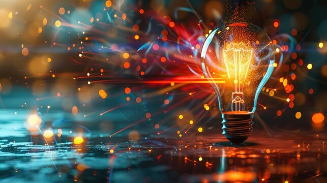 An abstract representation of business concepts using a zoom burst technique. The central focus is on a glowing light bulb, symbolizing an idea, with rays of light and colors radiating outward. The