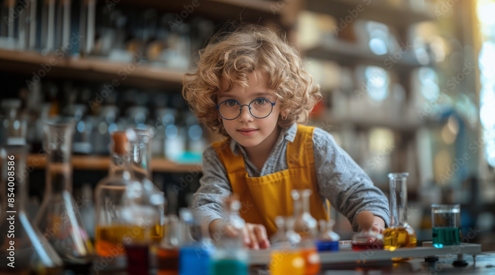 Leinwandbilder a young boy with curly hair and glasses looks at the camera while working on a science experiment. h