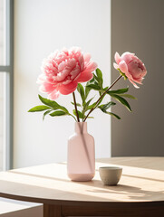 Vase with flowers of pink roses.