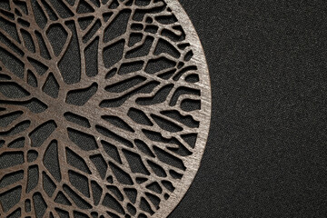 wooden hand made craft decorative object on black textured surface background wallpaper empty copy...