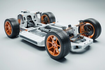 A close-up view of the exposed chassis of a futuristic electric sports car, showcasing its sleek design and intricate engineering.