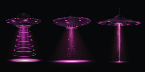 Alien spaceship, UFO with purple vertical beam light, smoke particles vector set, portals of flying unidentified saucers © sabelskaya