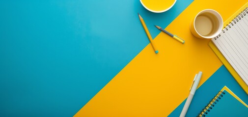 Flat lay of yellow and blue-themed stationery on a colorful background, ideal for office, school, or creative projects. Abstract concept of agreements
