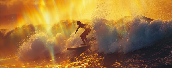 Obraz premium A surfer riding a wave, the spray of the sea creating a rainbow in the sunlight.