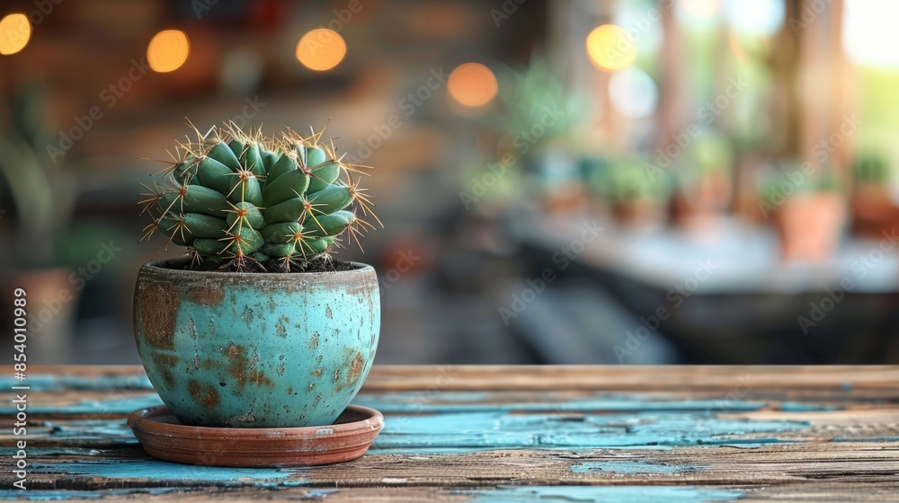 Poster a close-up shot of a small green cactus in a turquoise pot, sitting on a rustic wooden table. the ba