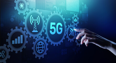 5G Fifth generation of mobile internet. Fast connection. Telecommunication concept on virtual screen.