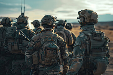 Fototapeta premium a group of special operation soliders posing from the back