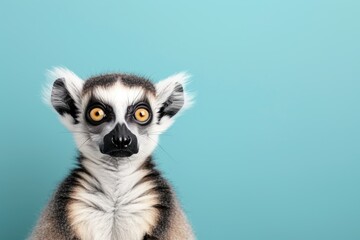 Curious lemur portrait against a teal background in studio setting