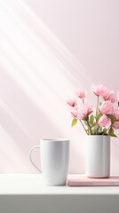 Obraz premium Cup of coffee and pink flowers