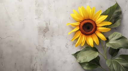Vivid sunflower on textured gray background with green leaves