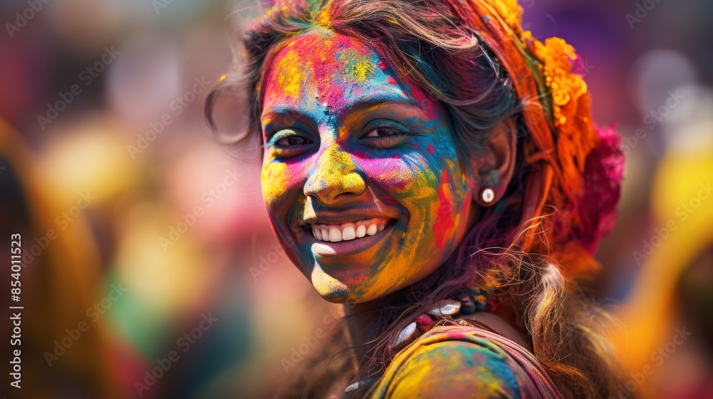 Poster holi reveler with their face painted in intricate designs, showcasing the artistic expression of the